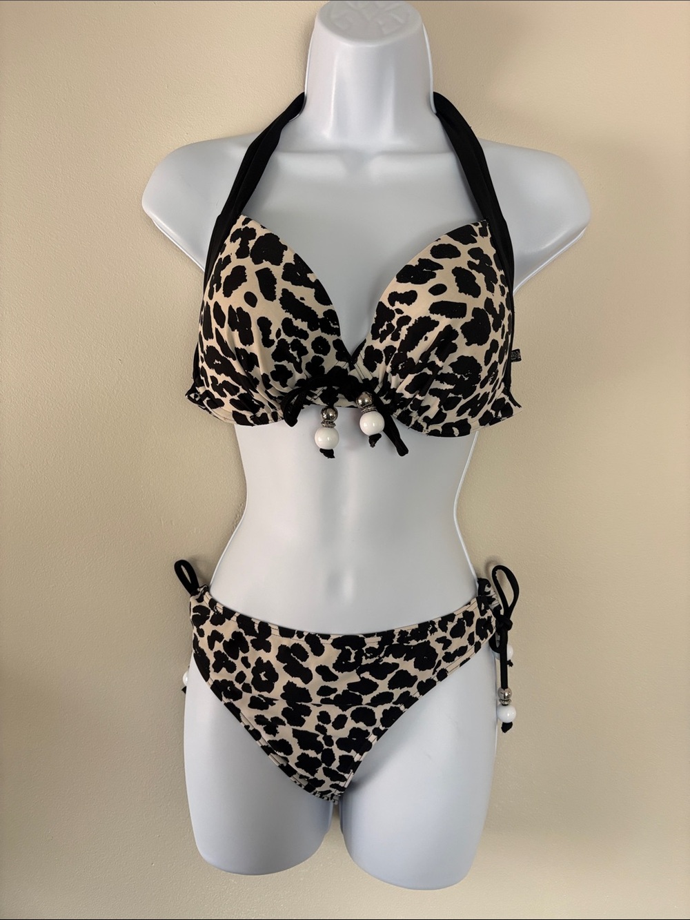 La Vie En Rose Beige & Black Leopard Halter Bikini Set